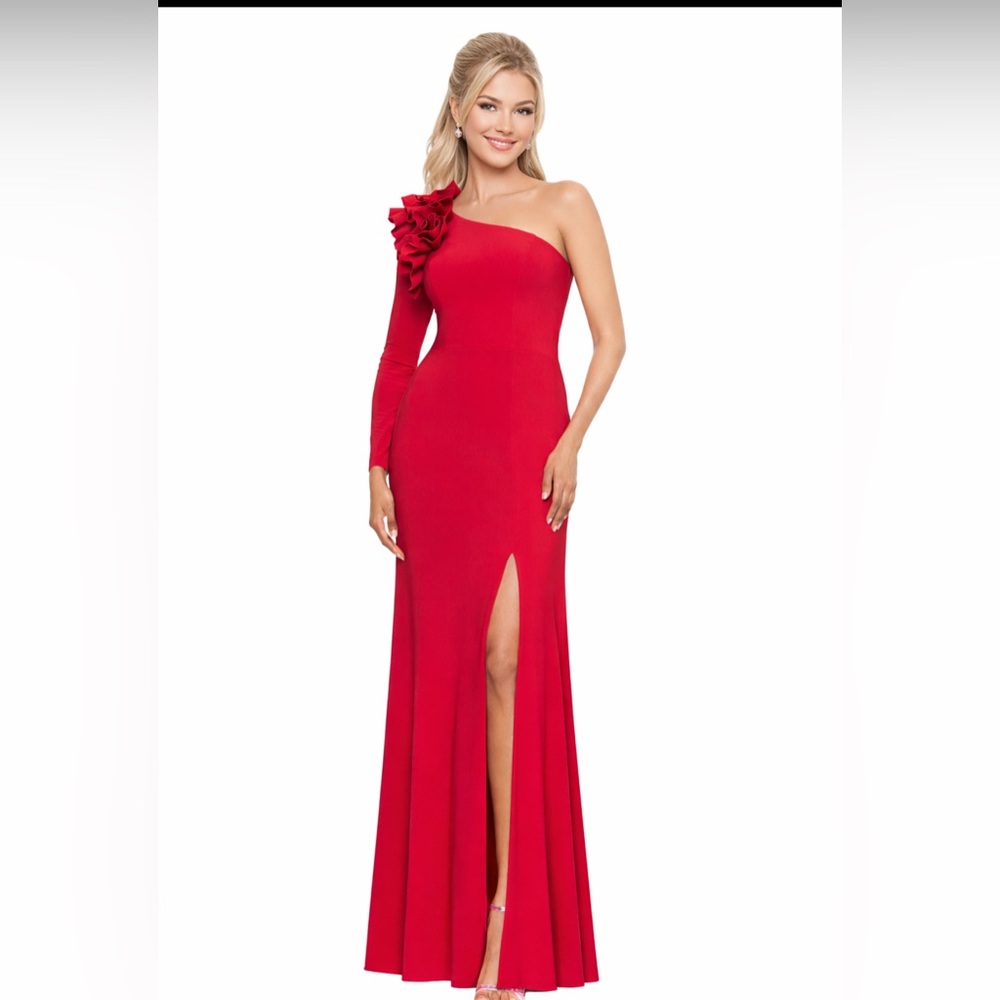 Xscape Size 16P NWT Red One Shoulder Ruffle Formal Gown Petite Evening Dress